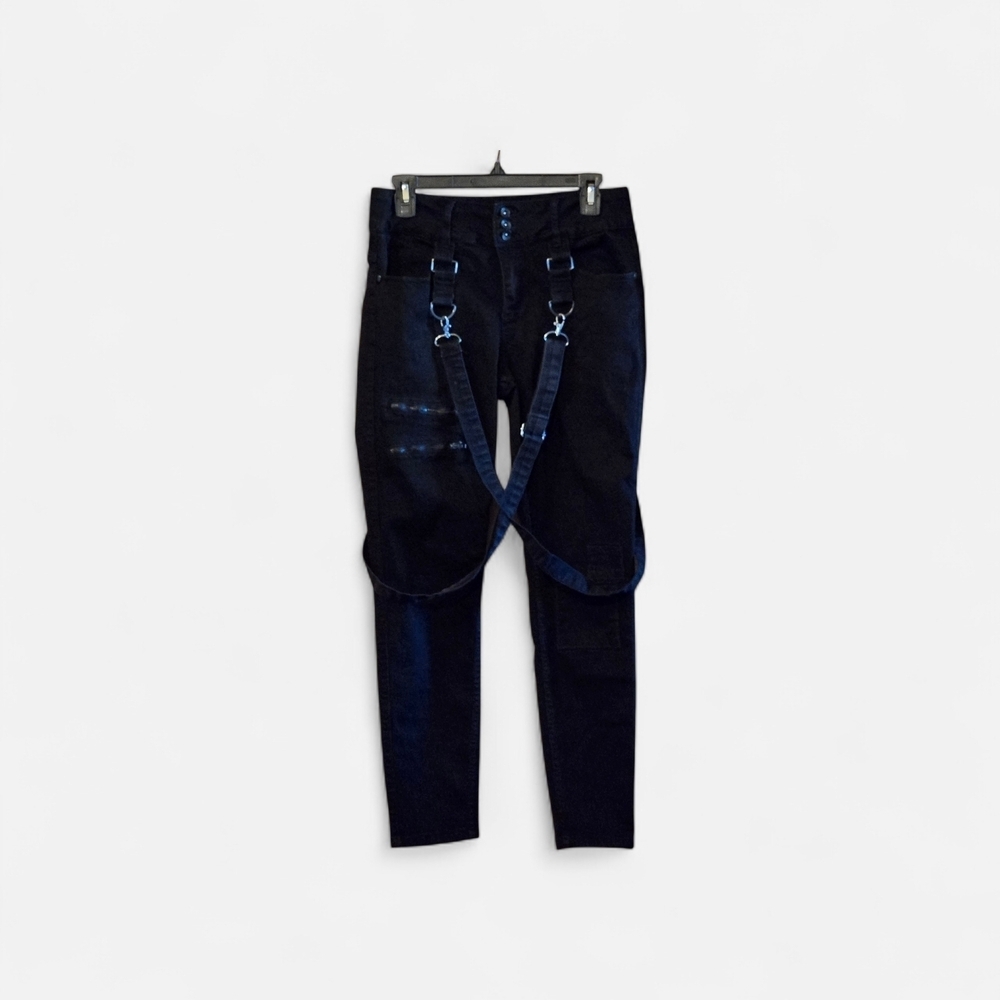 HT Denim‎ Hot Topic Jeans Women Jr 9 Black High Rise Super Skinny Harness D-Ring